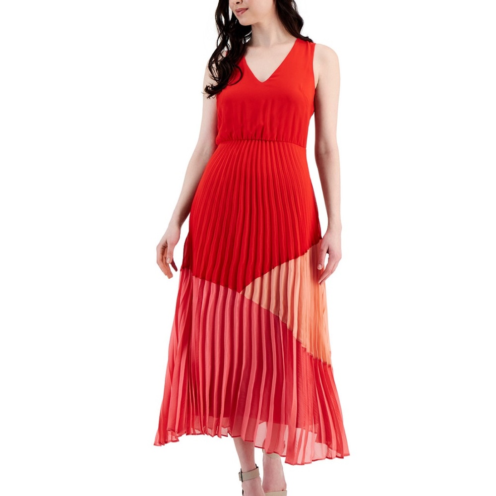 Macys Taylor Brand Elegant Red Color Blocked Pleated Maxi Dress. Size Medium
